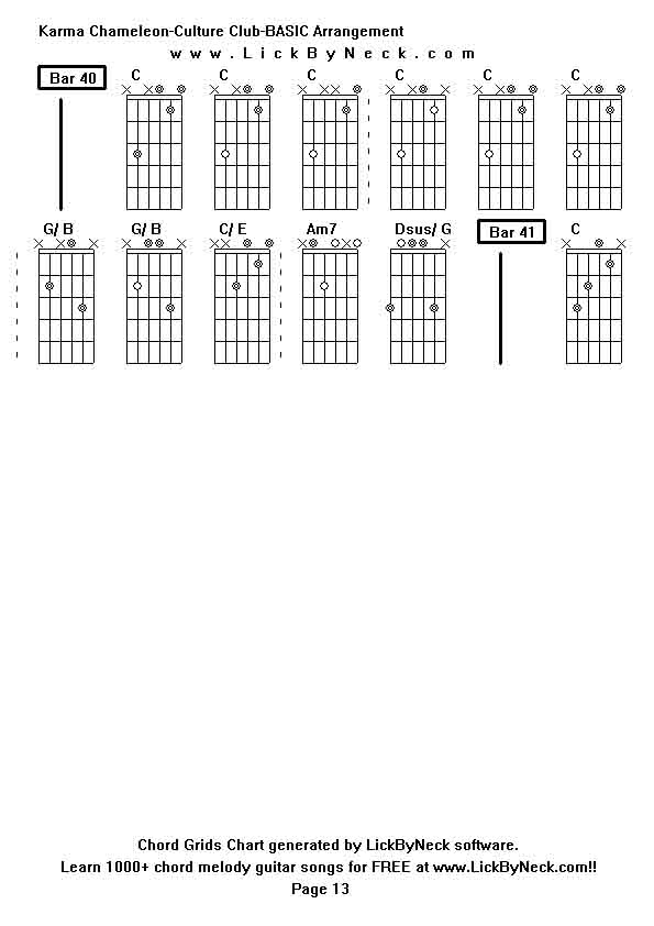 Chord Grids Chart of chord melody fingerstyle guitar song-Karma Chameleon-Culture Club-BASIC Arrangement,generated by LickByNeck software.